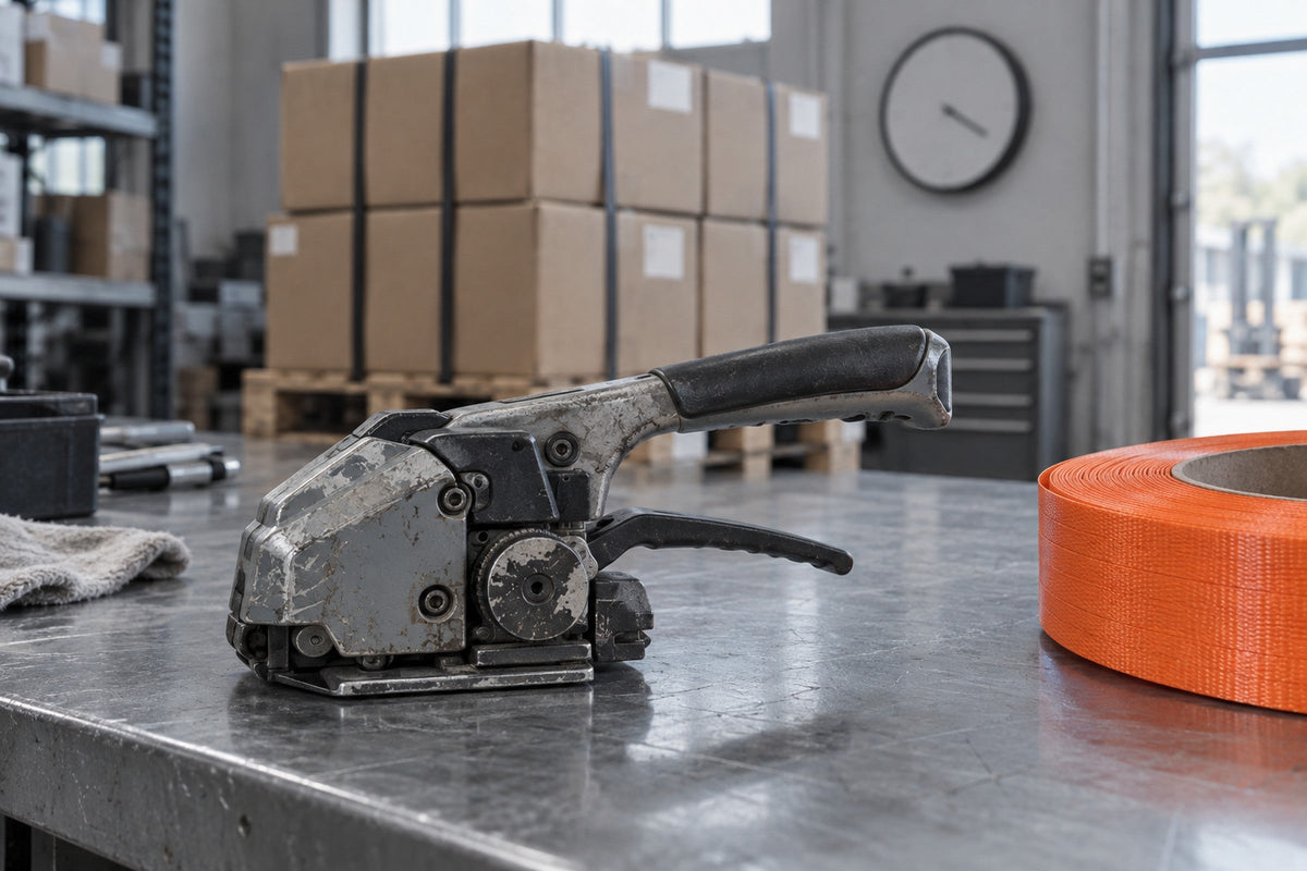 Worn manual strapping tool on a steel workbench in front of strapped pallet loads