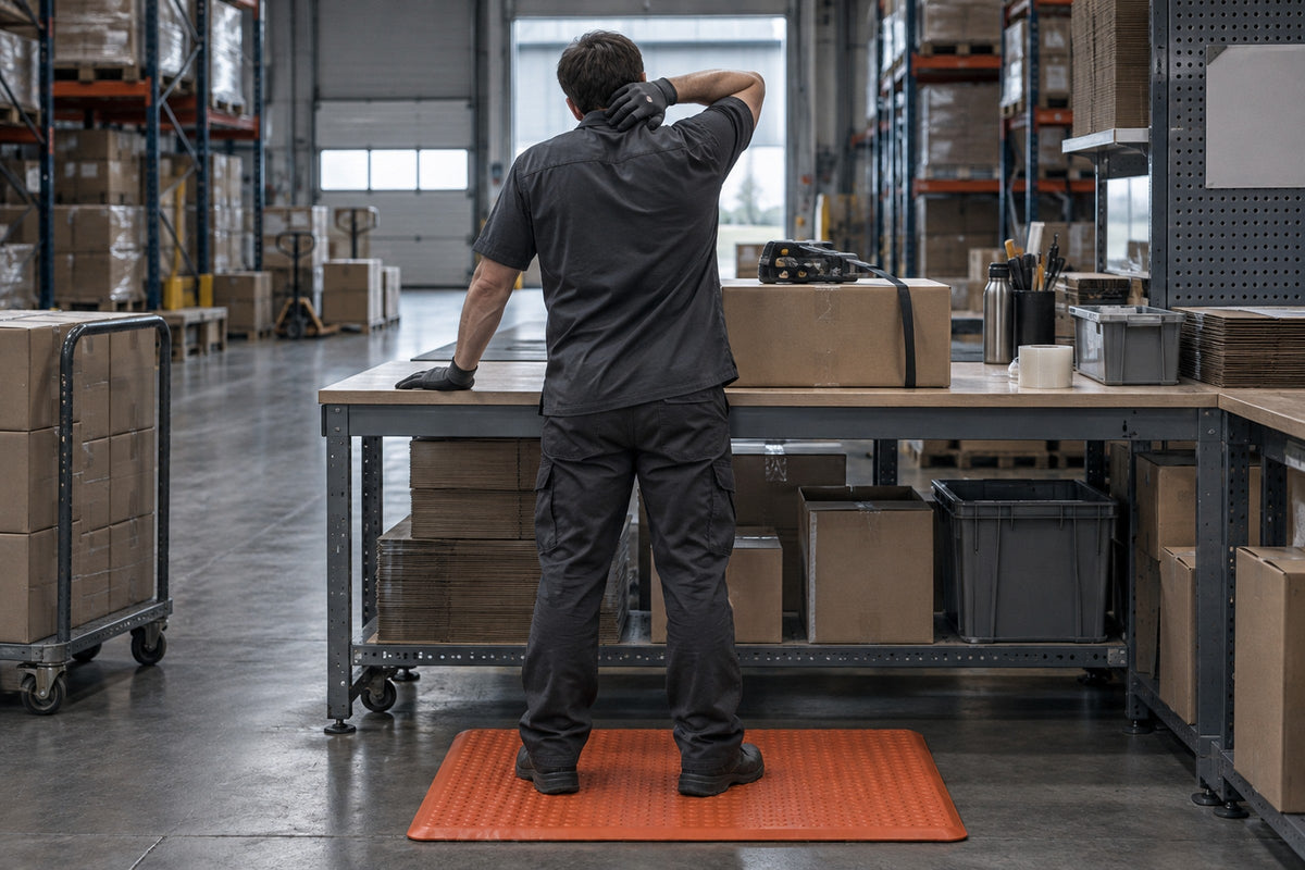 Warehouse worker at a packing bench rubbing a sore neck and shoulder, standing on an anti-fatigue mat