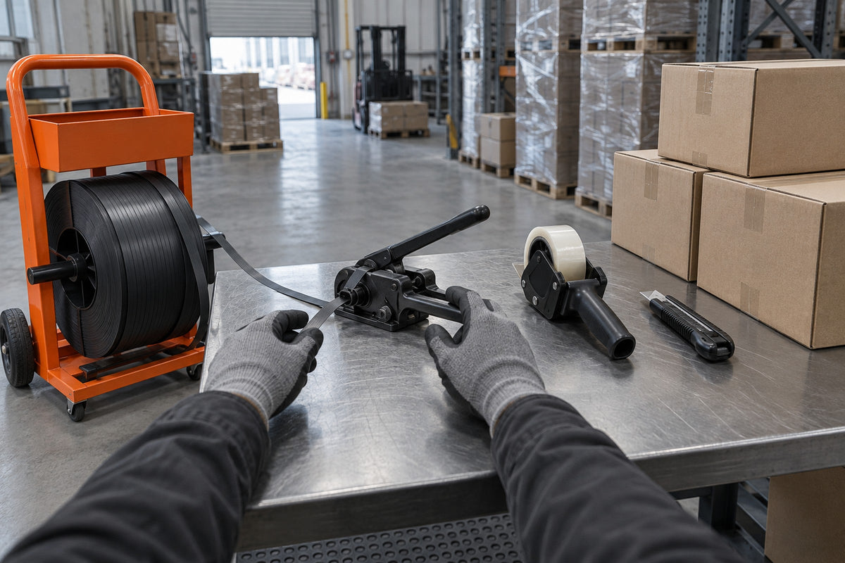 Packing station laid out in one line: strapping cart with coil, strapping tool, tape gun and cutter