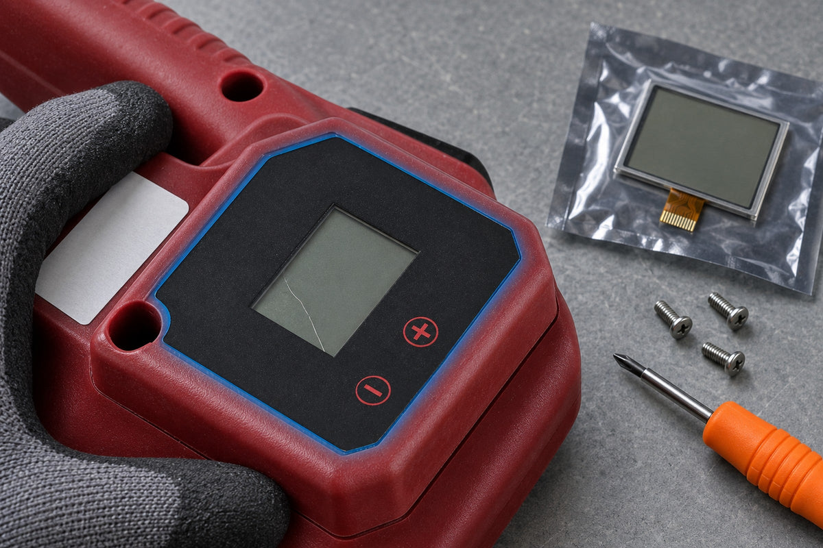 Rockcub RCV2 strapping tool with a cracked LCD screen next to a new replacement screen, screws and a screwdriver