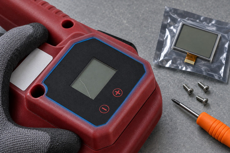 Rockcub RCV2 strapping tool with a cracked LCD screen next to a new replacement screen, screws and a screwdriver