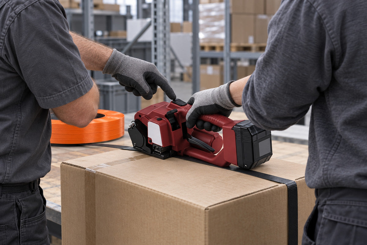 Experienced worker showing a new colleague how to use a battery strapping tool on a carton