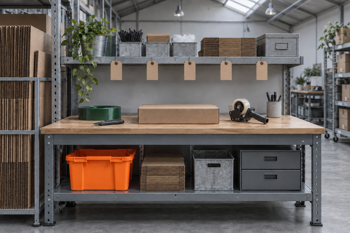 Tidy packing bench with labelled shelf tags, a strap coil, tape gun and storage bins underneath