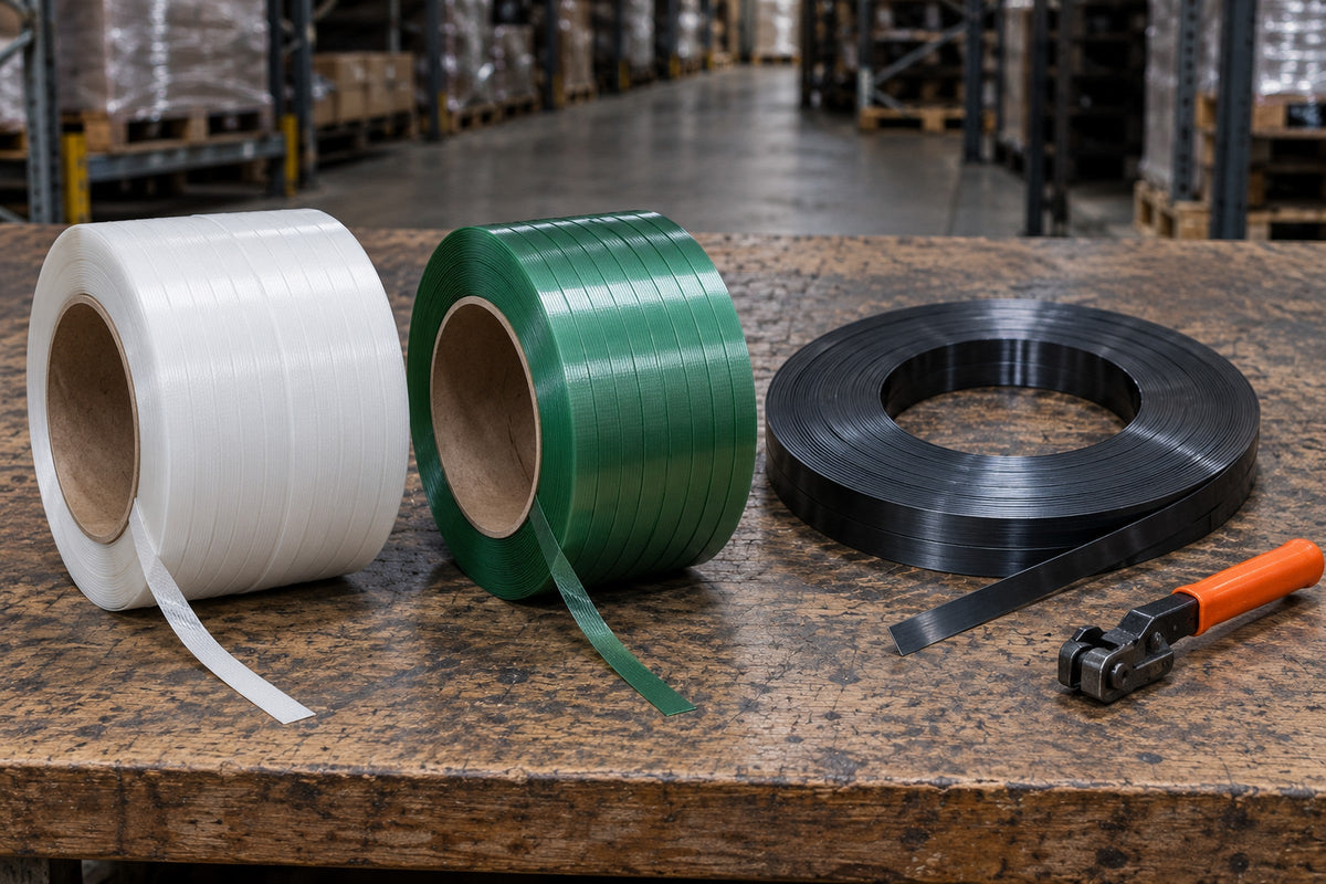 White PP, green PET and black steel strapping coils side by side on a workbench with a strap cutter