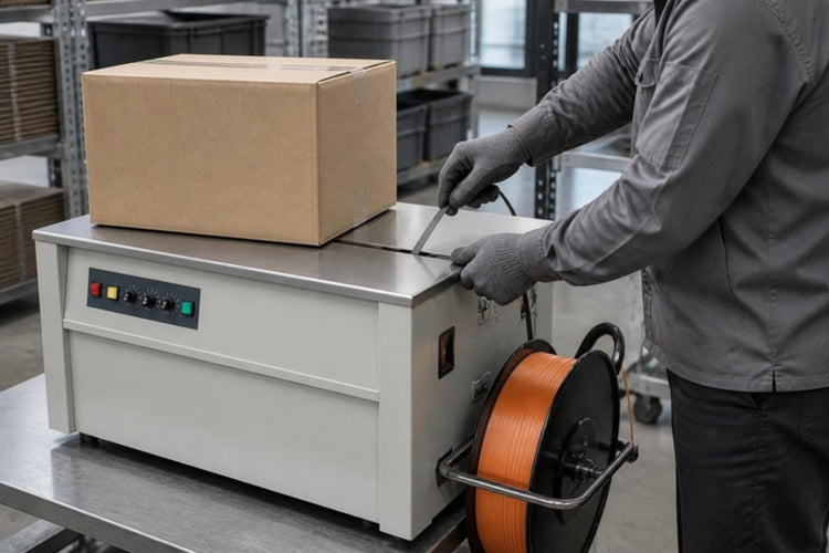 Operator feeding PP strap into a Rockcub RCV3 tabletop strapping machine with a carton on the worktable and a coil on the side reel