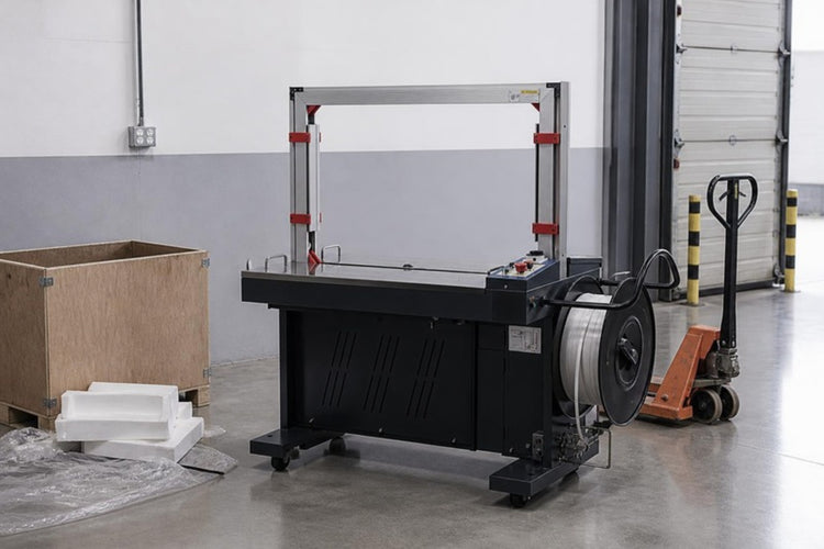 Rockcub RCV9 arch strapping machine uncrated on a warehouse floor beside its open crate and a pallet jack, near a dock door