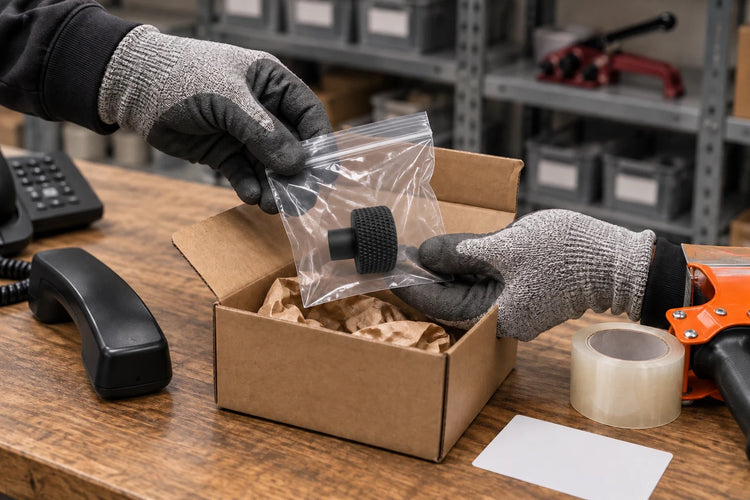Gloved hands packing a replacement RCV2 tension wheel in a zip bag into a small shipping box at a warehouse desk