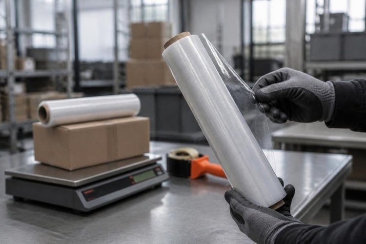 Warehouse worker holding a roll of clear stretch film up to the light with a bench scale and boxed roll in the background