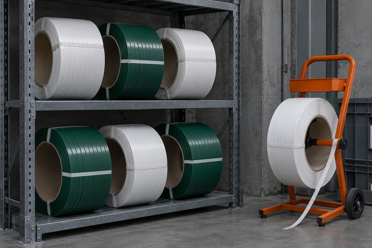 PP and PET strapping coils stored on a shaded steel shelf, one coil on a strapping dispenser cart
