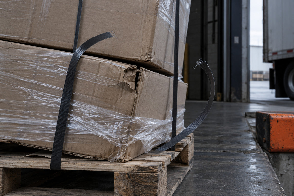 Snapped strap on a pallet of shifted, crushed cartons at a loading dock