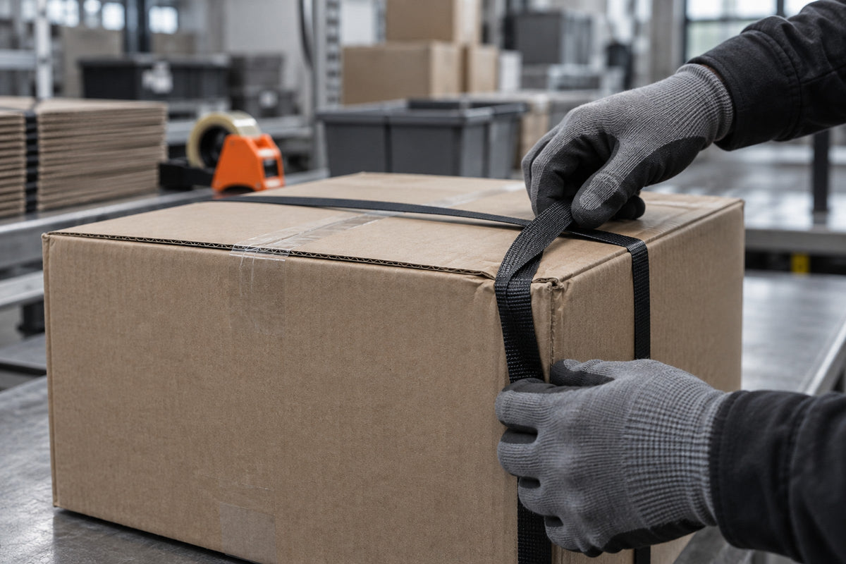 Gloved hands straightening a twisted strap on a carton at a packing bench