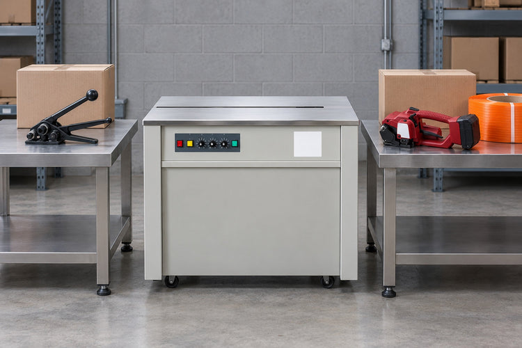 Manual strapping tensioner, semi-automatic tabletop strapping machine and battery strapping tool side by side