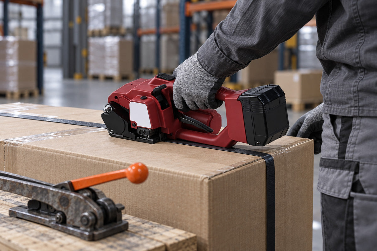 Worker strapping a carton with a battery strapping tool, an old manual tensioner set aside in the foreground
