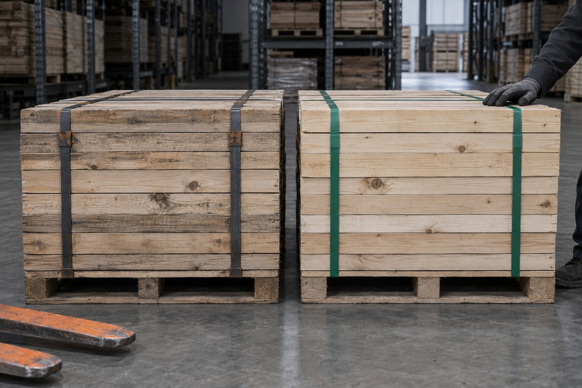 Two lumber pallets side by side: one bound with rusting steel strap, one with green PET strap