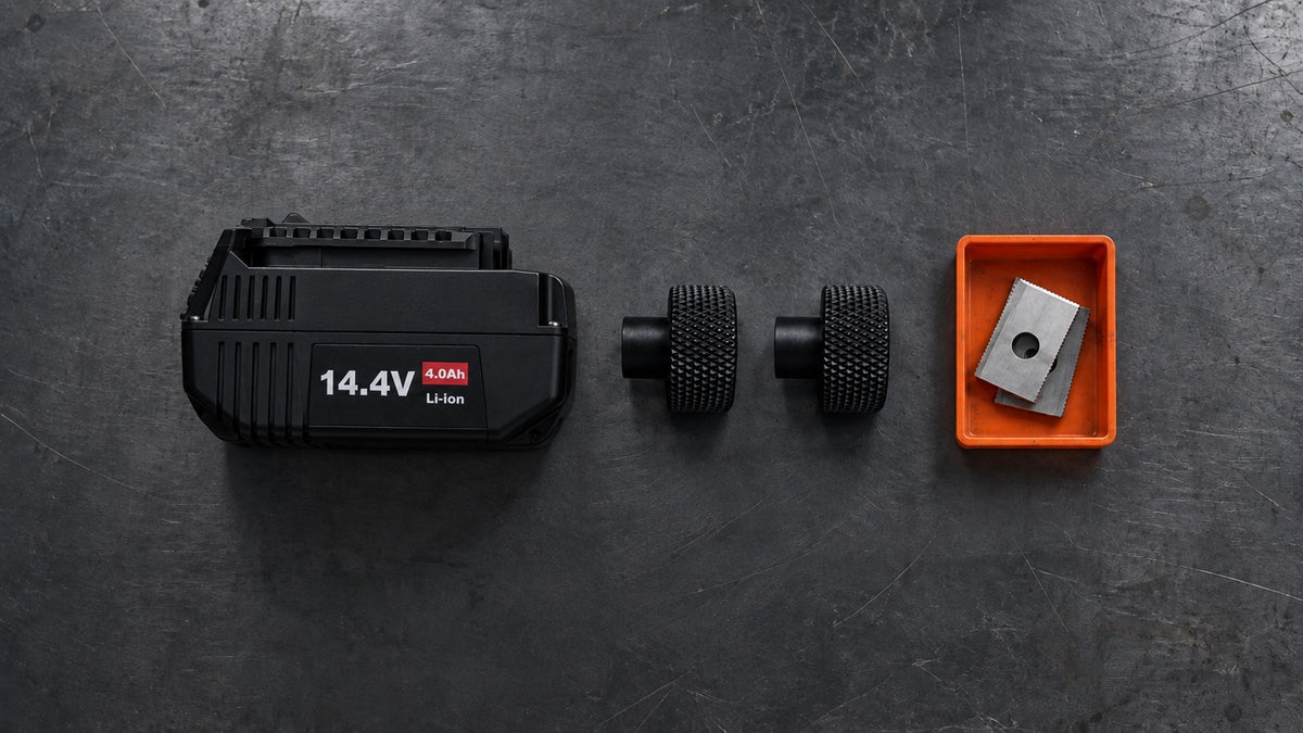 Replacement parts and packaging accessories laid out on a workbench
