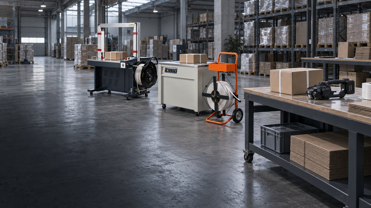 Warehouse packing area with multiple strapping equipment stations