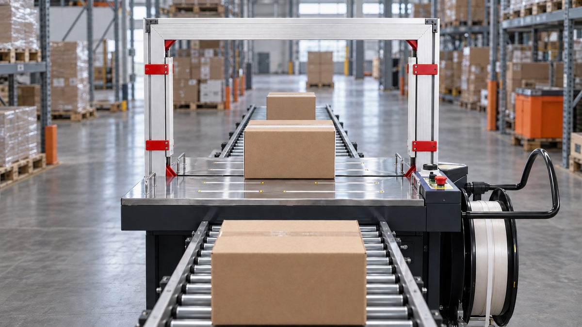Cardboard cartons moving along a warehouse packing conveyor with a strapping machine