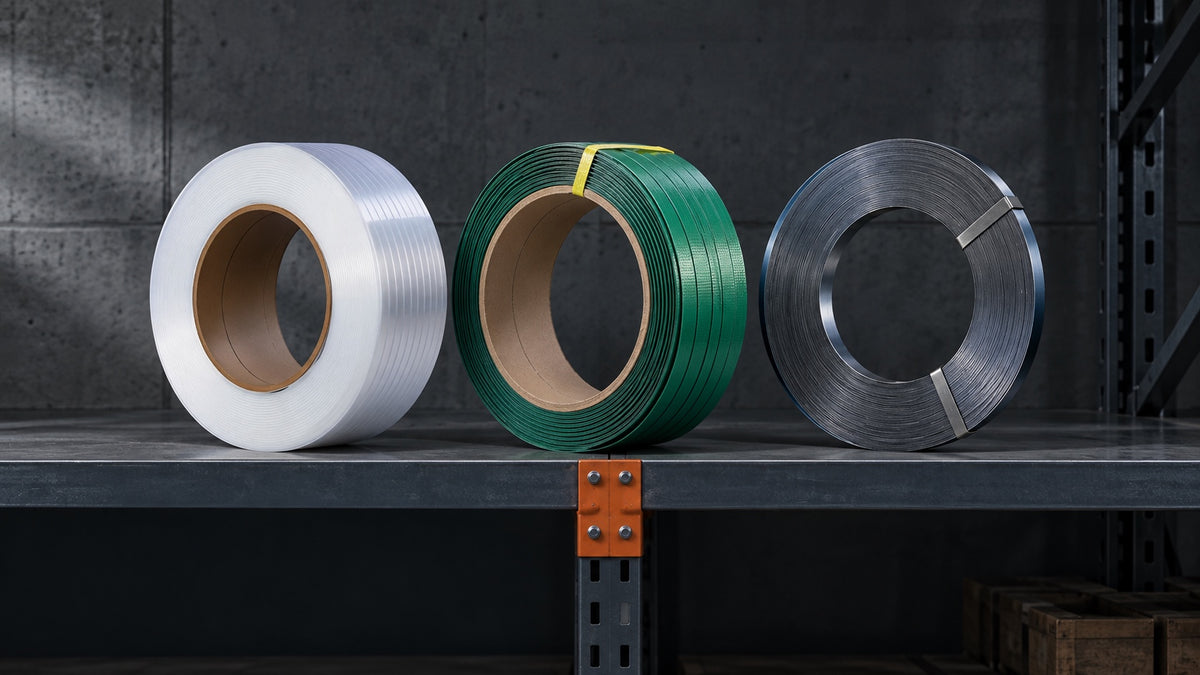 Coils of polypropylene, polyester and steel strapping on a warehouse rack