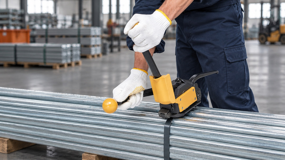 Gloved hands tensioning steel strapping around a bundle of steel tubing