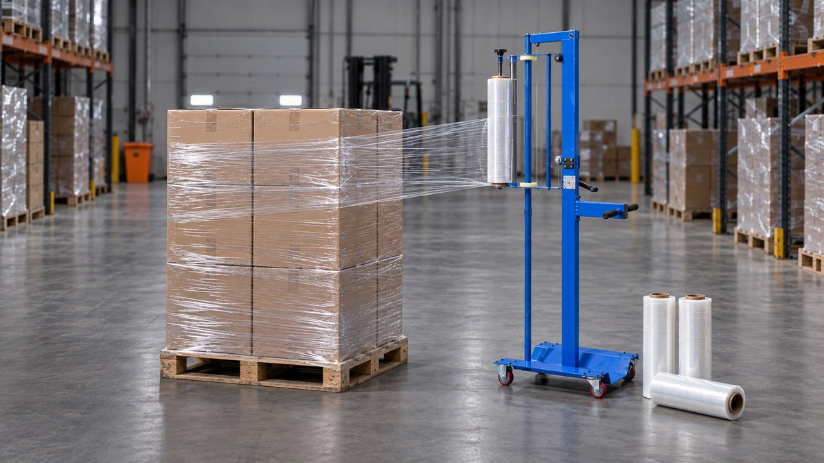 Pallet load wrapped in clear stretch film in a warehouse aisle
