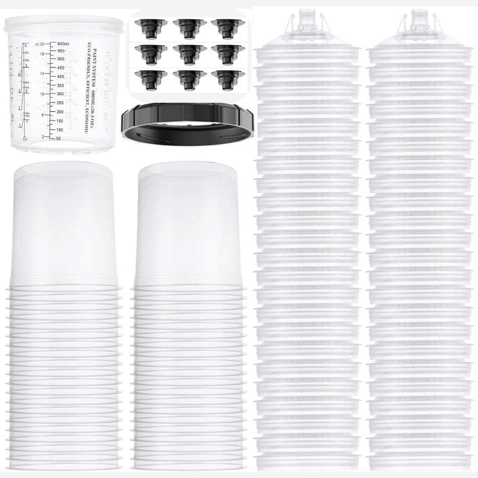 Rockcub 600ml Spray Paint Mixing Cup System, 123-Piece Kit with 1 Hard Cup, 1 Collar, 50 Disposable Liners, 50 Lids with 125-Micron Built-in Filters & 20 Plugs, Disposable Paint Cups for Automotive