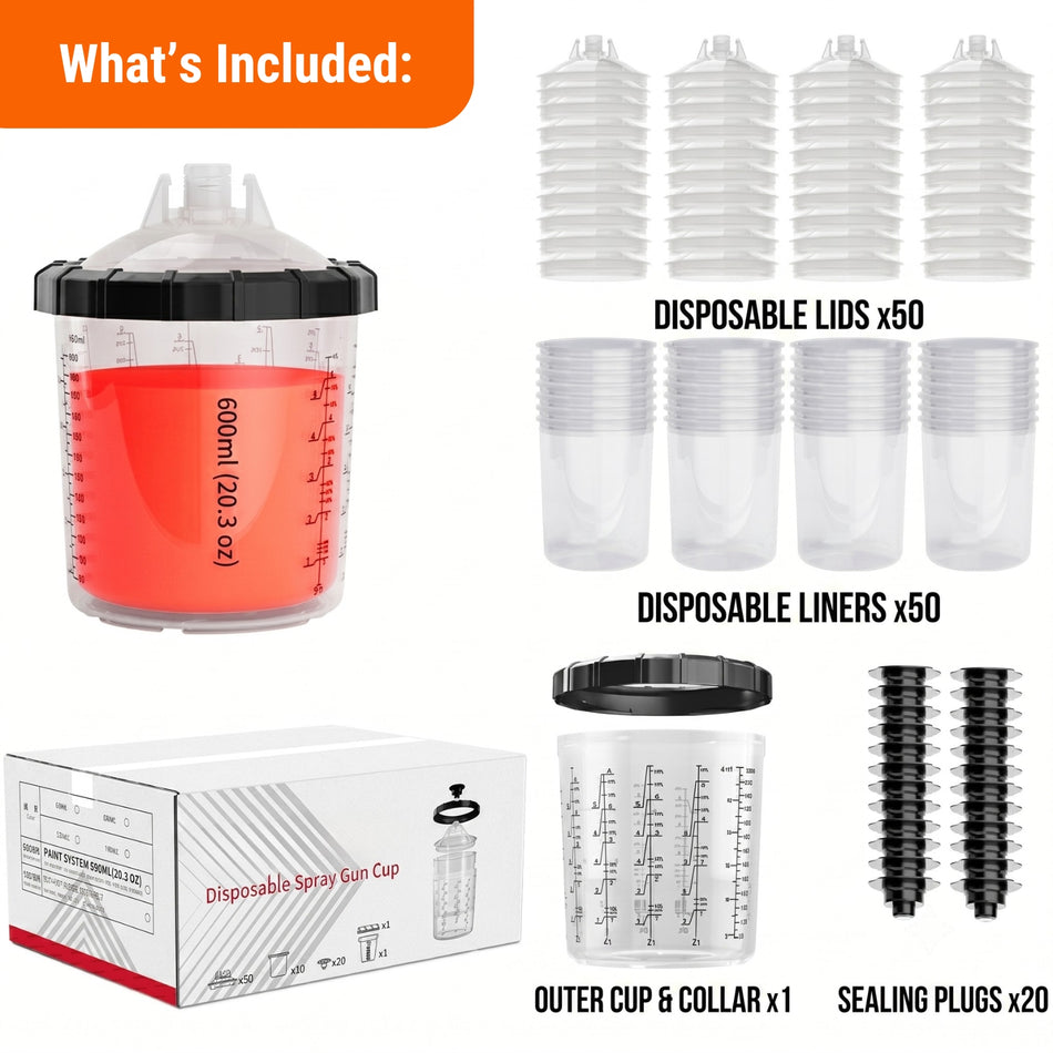 Rockcub 600ml Spray Paint Mixing Cup System, 123-Piece Kit with 1 Hard Cup, 1 Collar, 50 Disposable Liners, 50 Lids with 125-Micron Built-in Filters & 20 Plugs, Disposable Paint Cups for Automotive