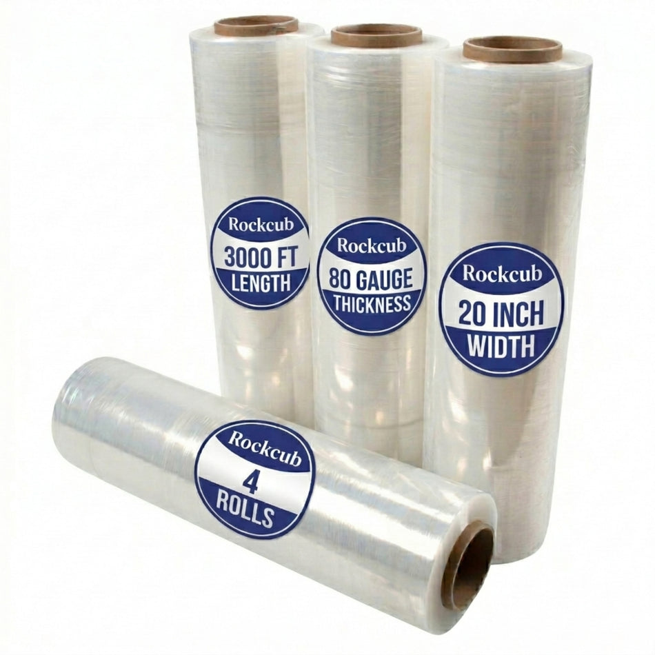 Rockcub 20" x 3,000ft Industrial Stretch Film, True 80 Gauge Heavy Duty Pallet Wrap, 4-Roll Bulk Pack (44 lbs Net Weight), High-Clarity LLDPE Plastic Wrap for Warehouse Shipping & Cargo Security