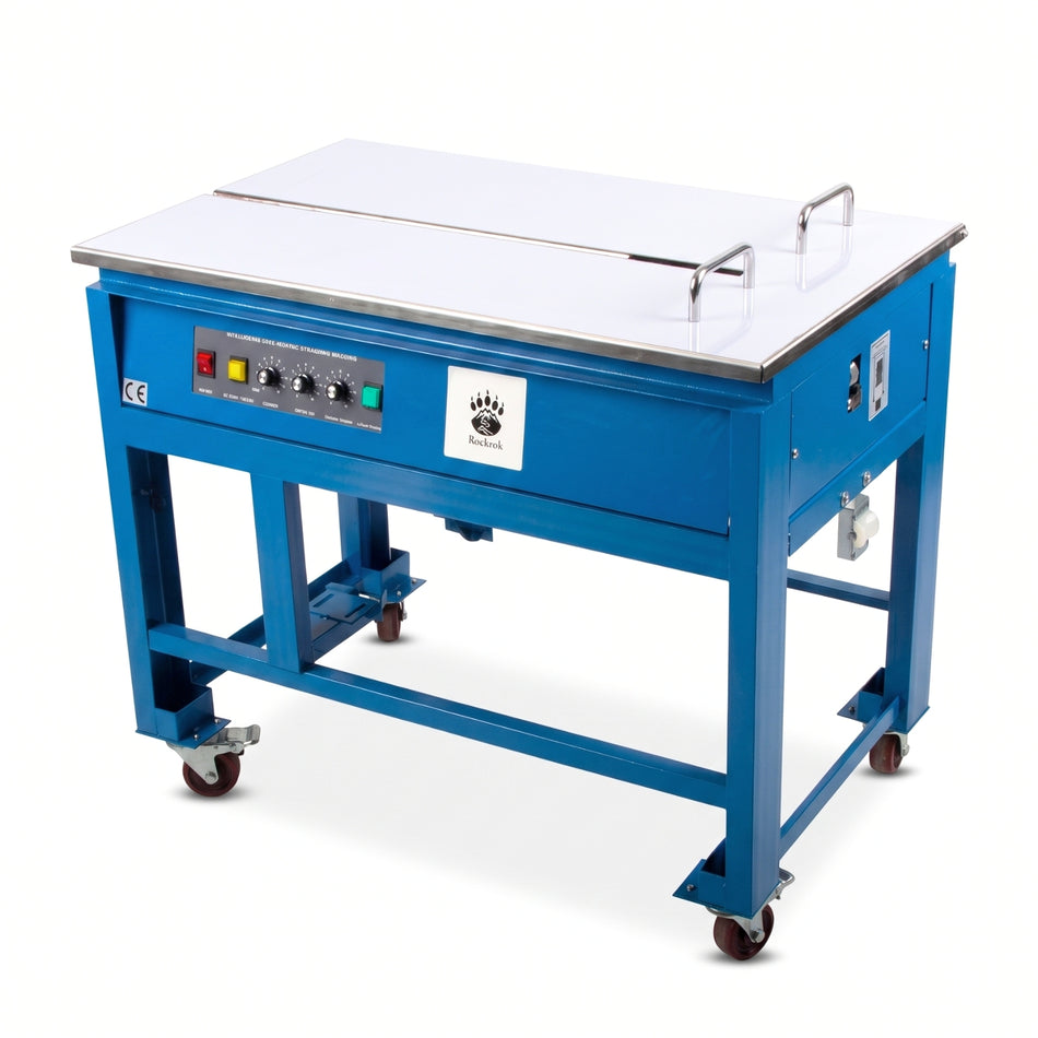 Rockcub Semi-Automatic Strapping Machine for Cardboard Boxes – Dual Motor Tabletop Banding Machine for 1/4"–5/8" Polypropylene (PP) Straps, Adjustable Tension, Compact & Quiet – Warehouse & Shipping