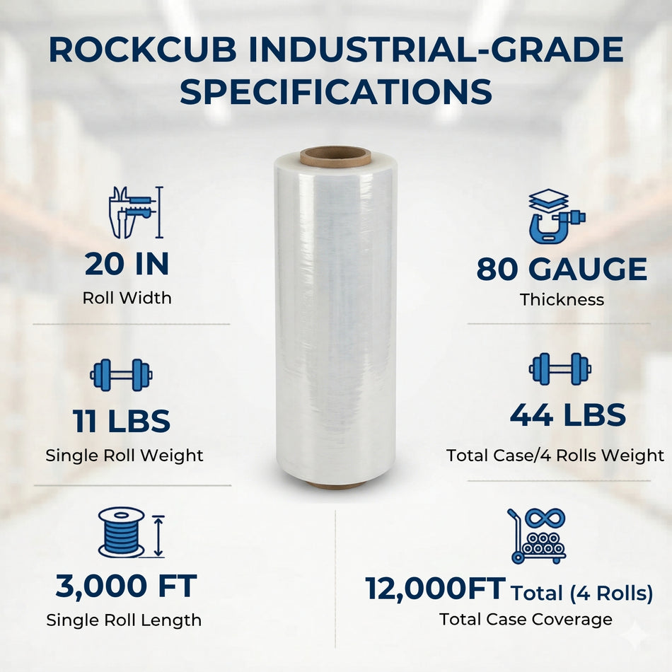 Rockcub 20" x 3,000ft Industrial Stretch Film, True 80 Gauge Heavy Duty Pallet Wrap, 4-Roll Bulk Pack (44 lbs Net Weight), High-Clarity LLDPE Plastic Wrap for Warehouse Shipping & Cargo Security