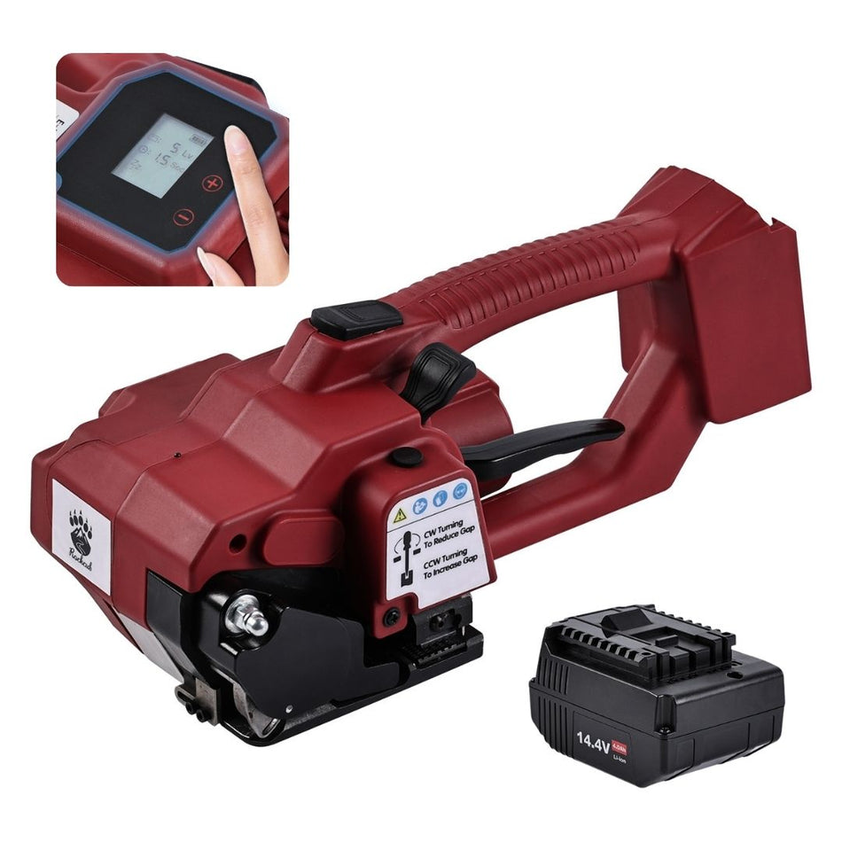 Rockcub Electric Strapping Machine – 4,500N Tensioner, 4,000mAh Battery, LCD Display, Automatic Portable Banding Tool Kit for 1/2–5/8" PET/PP Straps, Pallet & Box Packaging