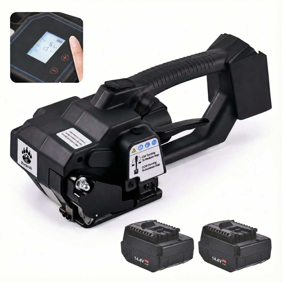 Rockcub RCV2 electric strapping machine in black with two 14.4V batteries