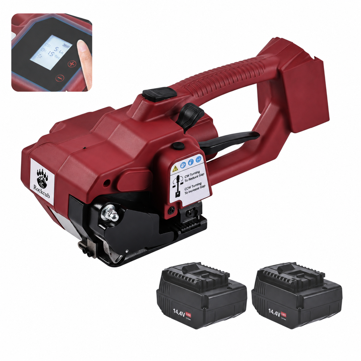 Rockcub RCV2 electric strapping machine in dark red with two 14.4V batteries