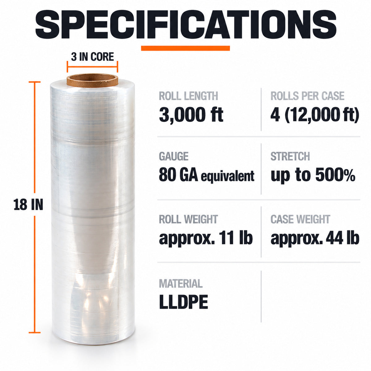 18 in x 3,000 ft stretch film specifications