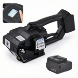 Rockcub RCV2 electric strapping machine in black with one 14.4V battery and an inset of the LCD display