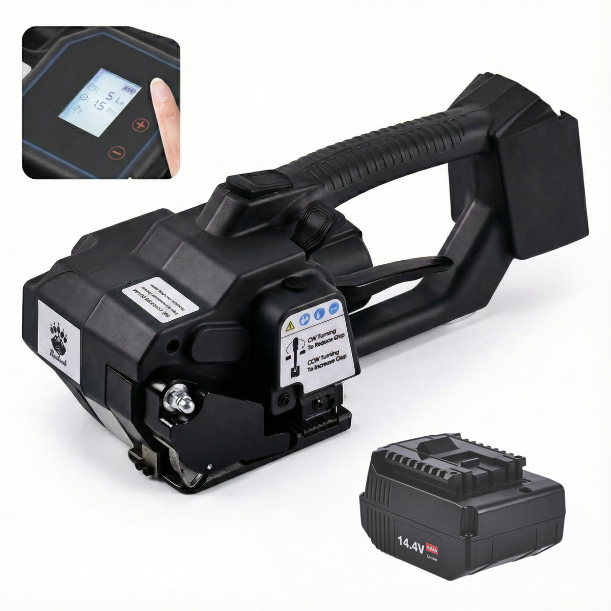 Rockcub RCV2 electric strapping machine in black with one 14.4V battery and an inset of the LCD display