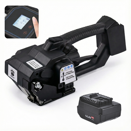 Rockcub RCV2 electric strapping machine in black with one 14.4V battery and an inset of the LCD display