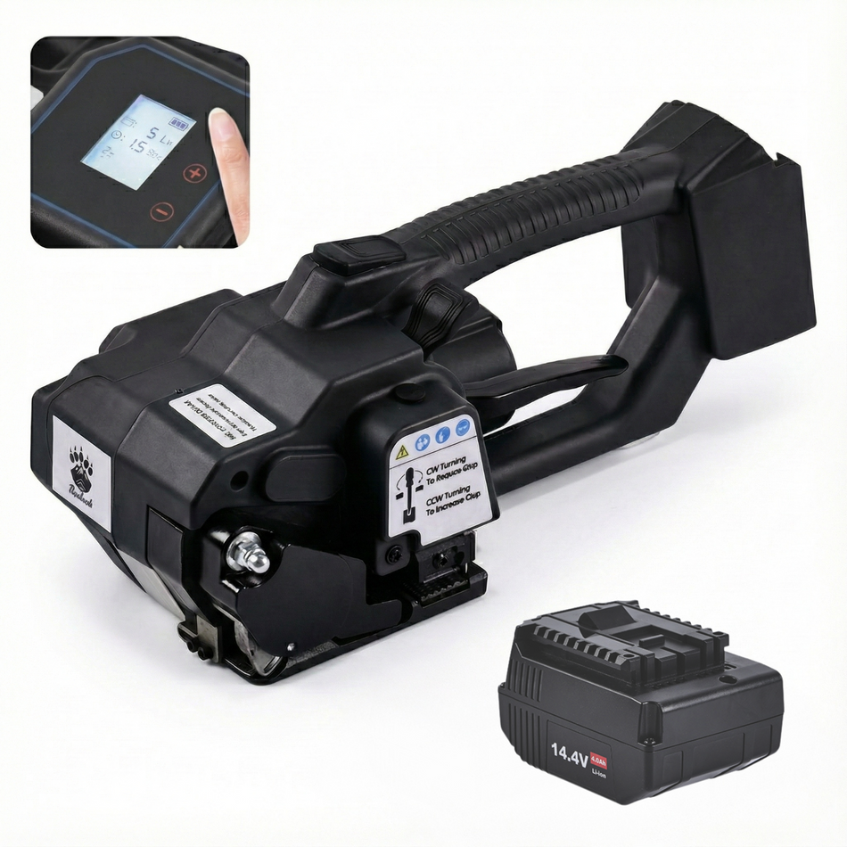 Rockcub RCV2 electric strapping machine in black with one 14.4V battery and an inset of the LCD display