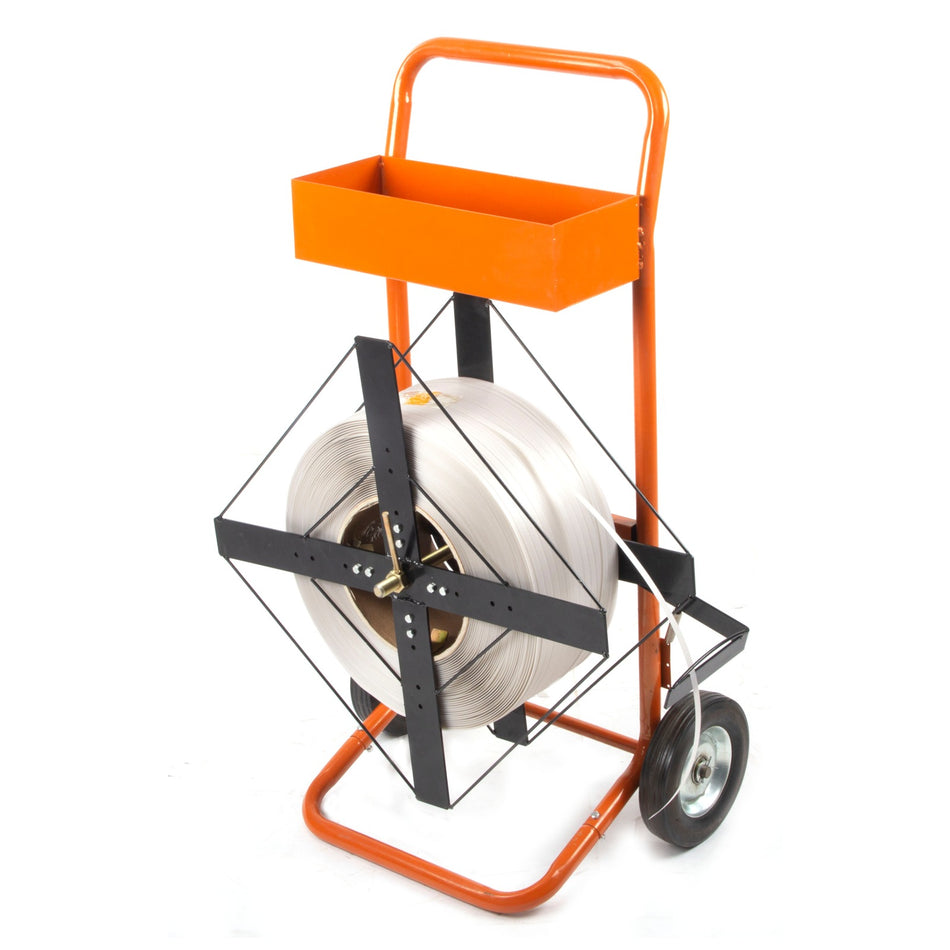 Rockcub Strapping Cart & Dispenser - Heavy Duty Mobile Banding Cart for 8" & 16" Core Poly, PET & PP Strapping - Industrial Packaging Coil Holder Station with Tool Tray & Wheels