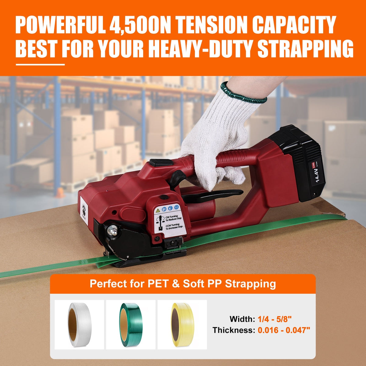 Rockcub RCV2 tensioning a PET strap on a carton in a warehouse; 4,500N tension capacity, fits PET and PP strap 1/4 to 5/8 inch wide