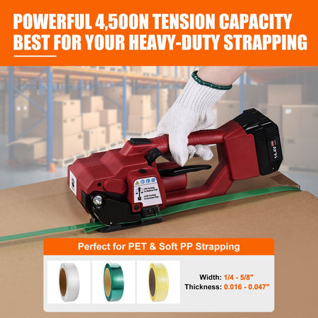 Rockcub RCV2 tensioning a PET strap on a carton in a warehouse; 4,500N tension capacity, fits PET and PP strap 1/4 to 5/8 inch wide