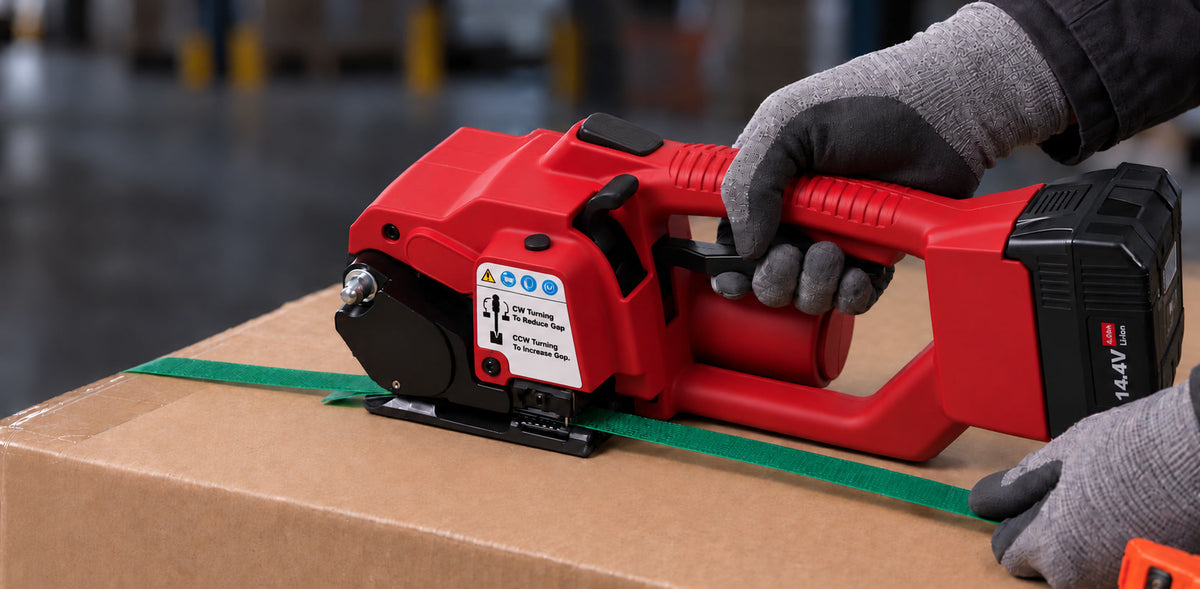 Rockcub RCV2 handheld electric strapping machine tensioning strap across a cardboard carton