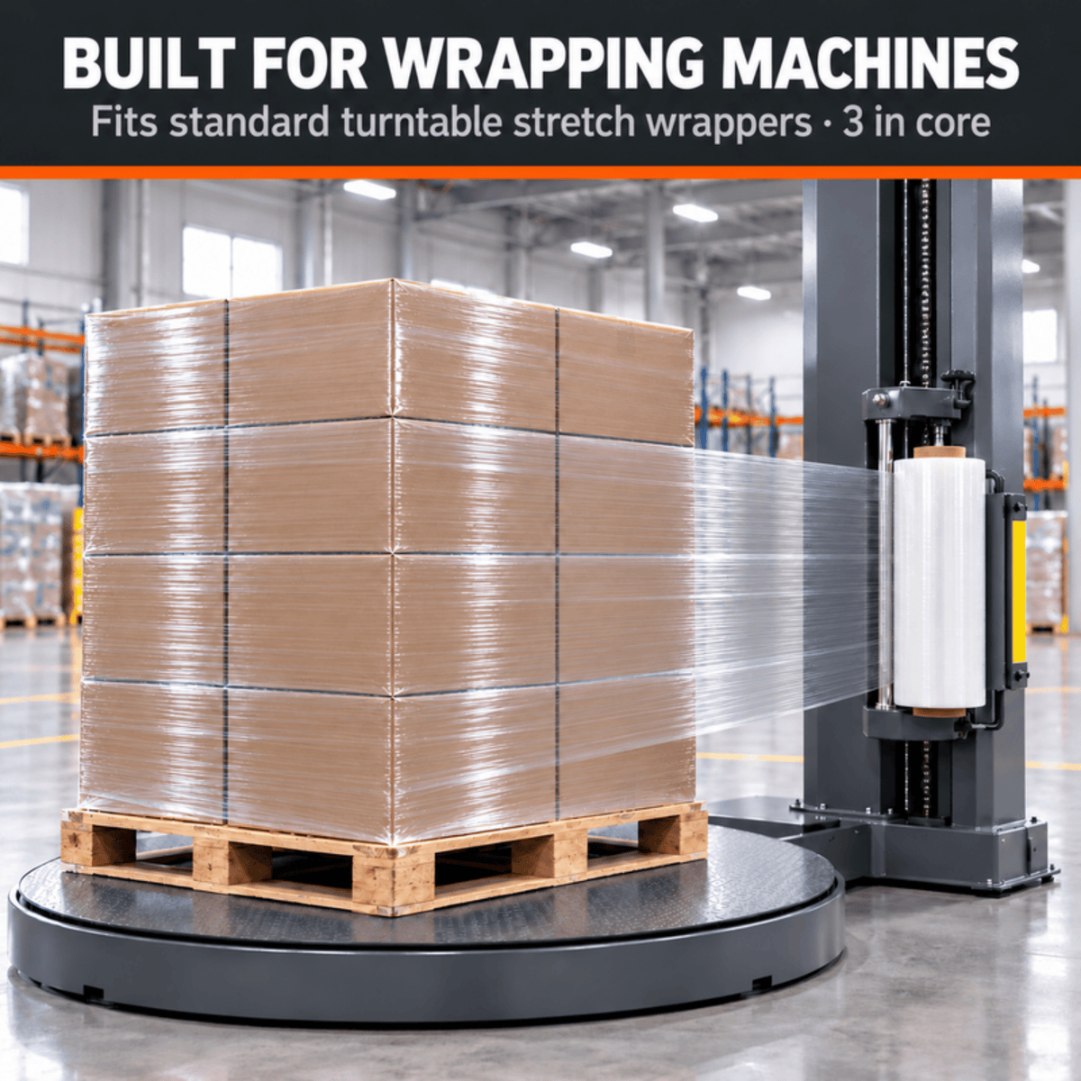 Turntable stretch wrapper wrapping a pallet of cartons with Rockcub machine stretch film