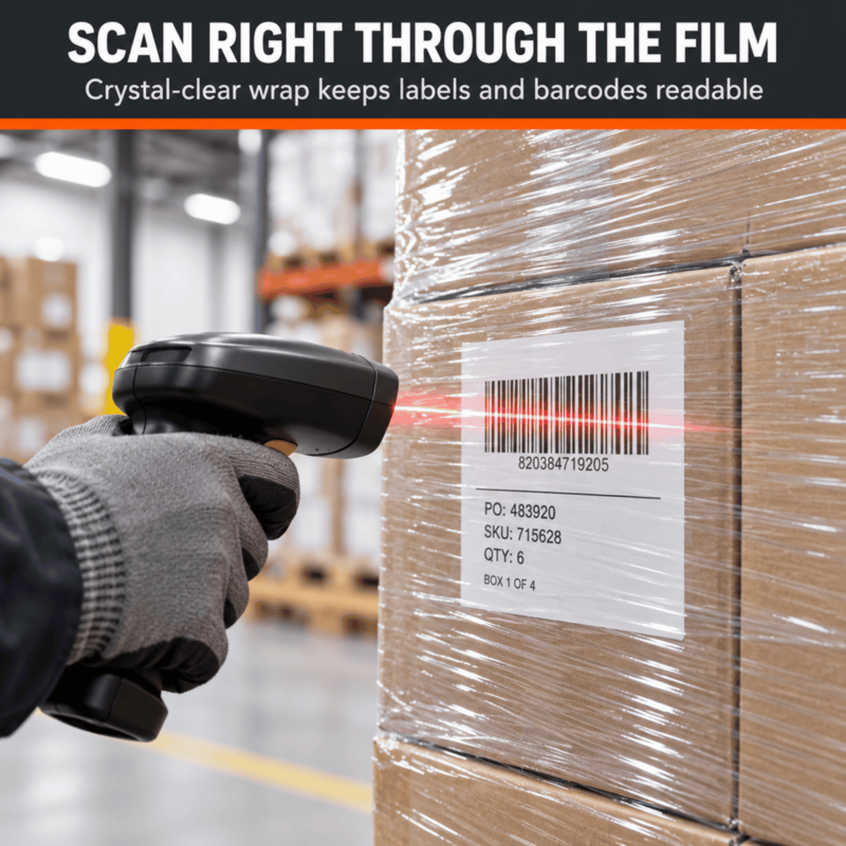 Barcode scanner reading a shipping label through clear stretch film on a wrapped pallet