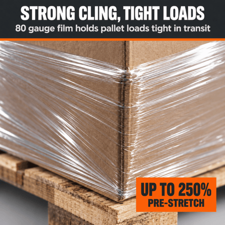 Close-up of 80 gauge stretch film pulled tight around the corner of a palletized carton, up to 250% pre-stretch