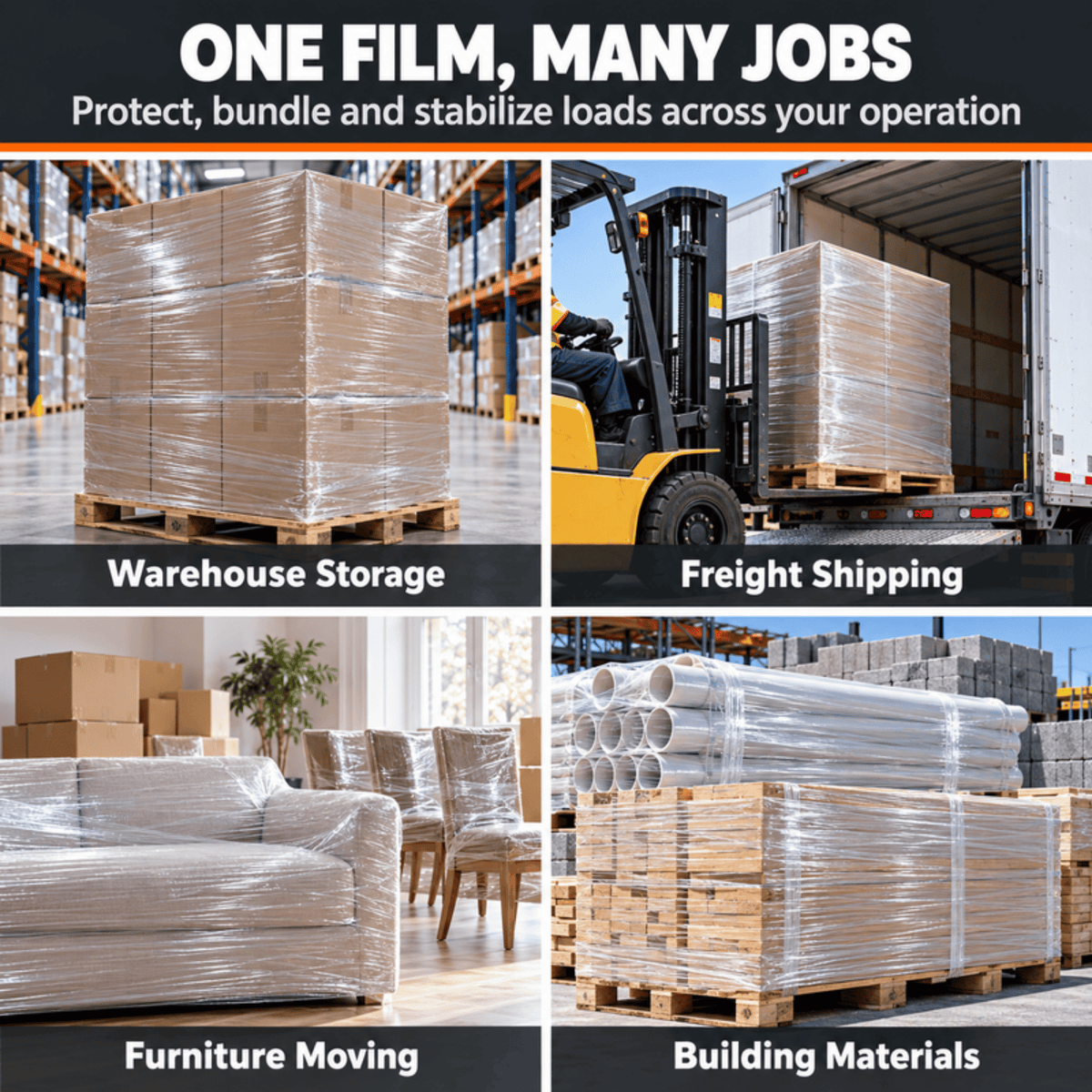 Four uses for machine stretch film: warehouse storage, freight shipping, furniture moving and building materials