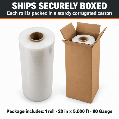 One roll of Rockcub machine stretch film next to its corrugated shipping carton; package includes 1 roll, 20 in x 5,000 ft, 80 gauge