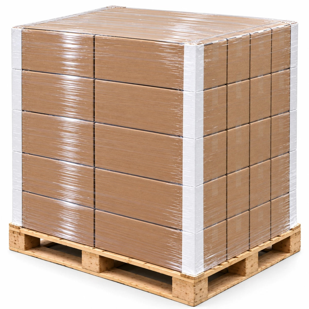 Full pallet of 40 boxed rolls of Rockcub machine stretch wrap on a 48 by 40 inch pallet