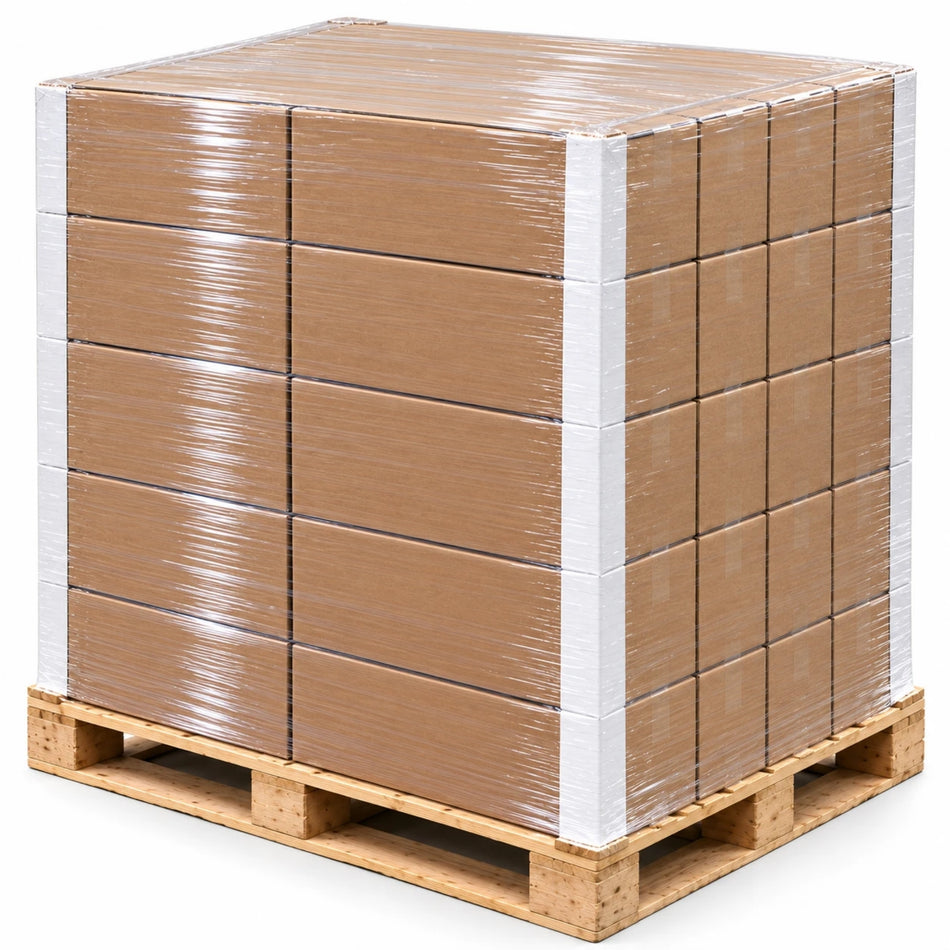 Full pallet of 40 boxed rolls of Rockcub machine stretch wrap on a 48 by 40 inch pallet