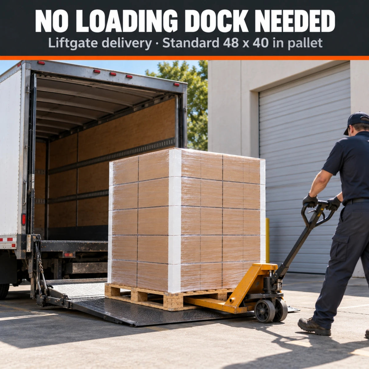 LTL freight truck lowering the pallet with a liftgate; residential and inside delivery included in the lower 48 states
