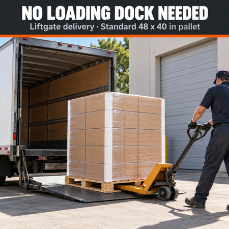 LTL freight truck lowering the pallet with a liftgate; residential and inside delivery included in the lower 48 states